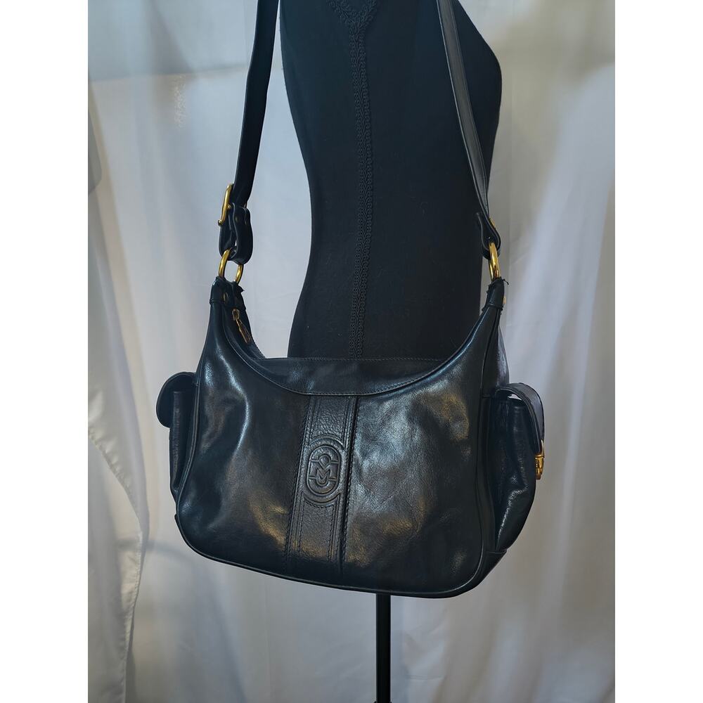Vintage Italian Marino Orlandi Black Leather Shoulder Bag / Gold Hardware